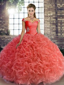 Deluxe Ball Gowns Sweet 16 Dresses Watermelon Red Off The Shoulder Fabric With Rolling Flowers Sleeveless Floor Length Lace Up