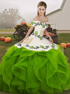 Low Price Green Ball Gowns Tulle Off The Shoulder Sleeveless Embroidery and Ruffles Floor Length Lace Up Quinceanera Gown