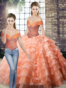 Inexpensive Peach Quince Ball Gowns Military Ball and Sweet 16 and Quinceanera with Beading and Ruffled Layers Off The Shoulder Sleeveless Brush Train Lace Up