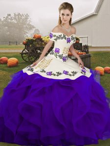 Customized Ball Gowns Quinceanera Gowns White And Purple Off The Shoulder Tulle Sleeveless Floor Length Lace Up