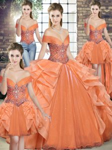Floor Length Orange Quince Ball Gowns Organza Sleeveless Beading and Ruffles