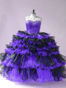 Custom Made Black And Purple Sweetheart Lace Up Beading and Ruffled Layers Quinceanera Dress Sleeveless