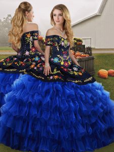 Vintage Floor Length Blue And Black Quinceanera Gowns Organza Sleeveless Embroidery and Ruffled Layers