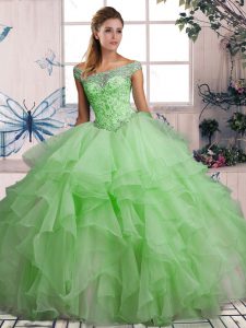 Green Organza Lace Up Off The Shoulder Sleeveless Floor Length 15 Quinceanera Dress Beading and Ruffles