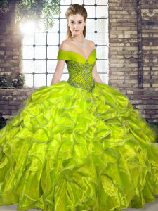 Inexpensive Olive Green Ball Gowns Off The Shoulder Sleeveless Organza Floor Length Lace Up Beading and Ruffles Ball Gown Prom Dress