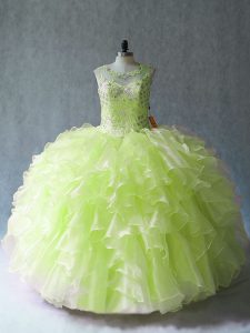 Elegant Yellow Green Ball Gowns Scoop Sleeveless Organza Floor Length Lace Up Beading and Ruffles Sweet 16 Quinceanera Dress