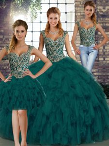 Custom Made Peacock Green Straps Lace Up Beading and Ruffles Sweet 16 Dress Sleeveless
