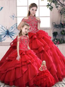 Sumptuous High-neck Sleeveless Ball Gown Prom Dress Floor Length Beading and Ruffles Red Organza