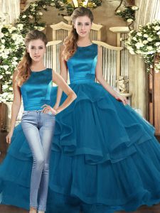 Edgy Teal Tulle Lace Up Quinceanera Dresses Sleeveless Floor Length Ruffles