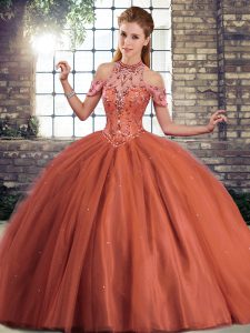 Tulle Halter Top Sleeveless Brush Train Lace Up Beading Quinceanera Dresses in Rust Red