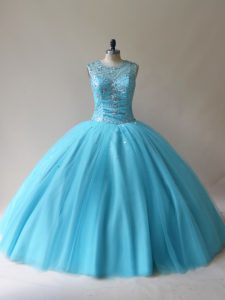 Scoop Sleeveless Lace Up 15th Birthday Dress Baby Blue Tulle