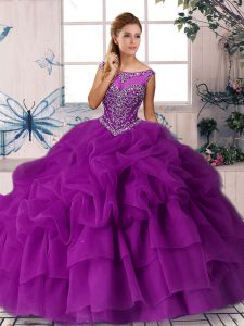 Stylish Purple Quinceanera Gown Organza Brush Train Sleeveless Beading and Pick Ups