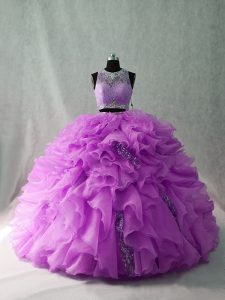 Edgy Lilac Sleeveless Organza and Sequined Brush Train Zipper Sweet 16 Dress for Sweet 16 and Quinceanera