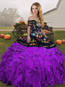 High Quality Black And Purple Ball Gowns Embroidery and Ruffles Quinceanera Gowns Lace Up Organza Sleeveless Floor Length