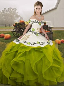 Unique Off The Shoulder Sleeveless Vestidos de Quinceanera Floor Length Embroidery and Ruffles Olive Green Tulle