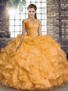Fancy Gold Off The Shoulder Lace Up Beading and Ruffles Quinceanera Gowns Sleeveless