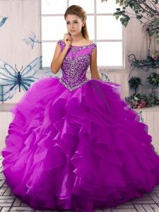 Clearance Sleeveless Floor Length Beading and Ruffles Zipper Quinceanera Gown with Purple