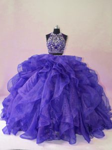 Backless Sweet 16 Dresses Purple for Sweet 16 and Quinceanera with Beading and Ruffles Brush Train