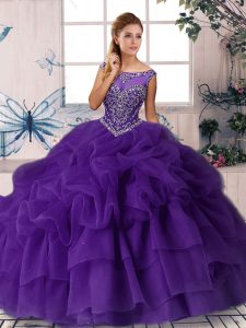 Shining Zipper 15th Birthday Dress Purple for Military Ball and Sweet 16 and Quinceanera with Beading and Pick Ups Brush Train