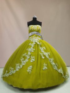 Sumptuous Olive Green Strapless Neckline Appliques Quinceanera Gown Sleeveless Lace Up