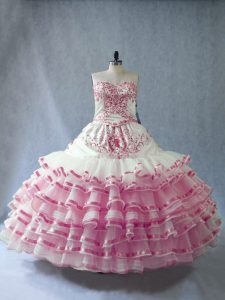 Floor Length Ball Gowns Sleeveless Pink And White Sweet 16 Quinceanera Dress Lace Up