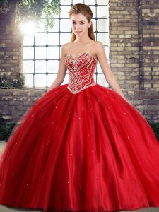 Red Tulle Lace Up Quinceanera Gown Sleeveless Brush Train Beading