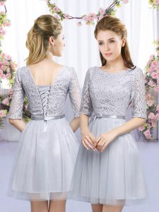 Deluxe Grey Empire Lace and Belt Quinceanera Court of Honor Dress Lace Up Tulle Half Sleeves Mini Length