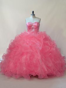 Stylish Coral Red Sweetheart Neckline Beading and Ruffles Quinceanera Dresses Sleeveless Lace Up