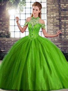 On Sale Green 15 Quinceanera Dress Military Ball and Sweet 16 and Quinceanera with Beading Halter Top Sleeveless Brush Train Lace Up