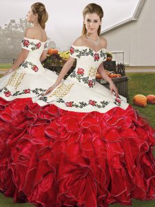 Floor Length Lace Up 15th Birthday Dress White And Red for Military Ball and Sweet 16 and Quinceanera with Embroidery and Ruffles