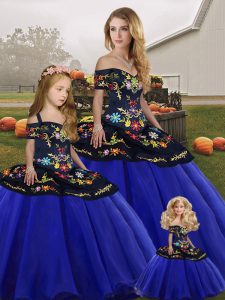 Decent Royal Blue Tulle Lace Up Sweet 16 Dress Sleeveless Floor Length Embroidery