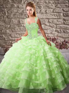 Affordable Ball Gowns Straps Sleeveless Organza Court Train Lace Up Beading and Ruffled Layers Sweet 16 Dress