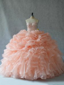 Beading and Ruffles Quinceanera Gown Peach Lace Up Sleeveless Floor Length