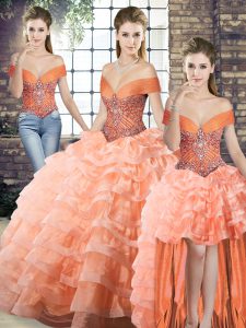 Lace Up Quinceanera Gown Peach for Military Ball and Sweet 16 and Quinceanera with Beading and Ruffled Layers Brush Train