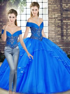 Royal Blue Sweet 16 Quinceanera Dress Military Ball and Sweet 16 and Quinceanera with Beading and Ruffles Off The Shoulder Sleeveless Lace Up