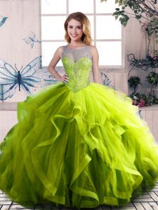 Exceptional Beading and Ruffles Quince Ball Gowns Olive Green Lace Up Sleeveless Floor Length