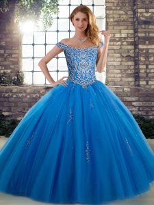 Vintage Blue Ball Gowns Beading Sweet 16 Dress Lace Up Tulle Sleeveless Floor Length