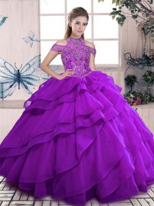 Floor Length Purple Quince Ball Gowns Organza Sleeveless Beading and Ruffles