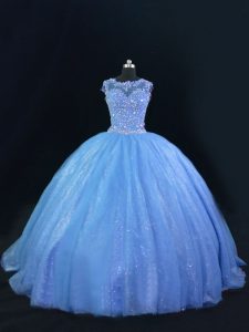 Scoop Sleeveless Lace Up 15 Quinceanera Dress Blue Tulle and Sequined