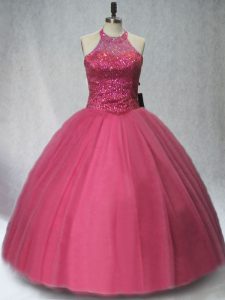 Custom Made Red Ball Gowns Halter Top Sleeveless Tulle Floor Length Lace Up Beading Ball Gown Prom Dress