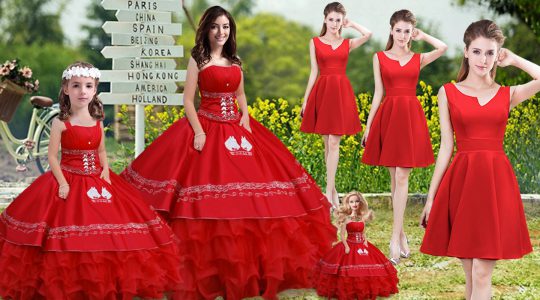 Elegant Red Sleeveless Satin and Organza Lace Up 15 Quinceanera Dress for Sweet 16 and Quinceanera