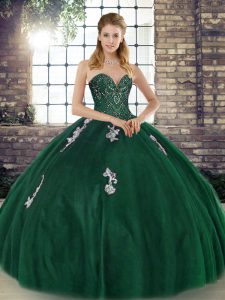 Sleeveless Floor Length Beading and Appliques Lace Up Quinceanera Gowns with Green