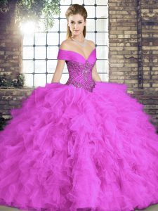 Tulle Off The Shoulder Sleeveless Lace Up Beading and Ruffles Quinceanera Gowns in Lilac