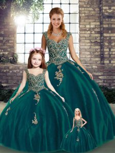 Peacock Green Tulle Lace Up Quinceanera Dress Sleeveless Floor Length Beading and Appliques