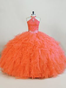 Hot Selling Sleeveless Floor Length Beading and Ruffles Lace Up Quinceanera Gowns with Orange
