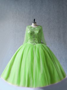 Yellow Green Ball Gowns Tulle Scoop Long Sleeves Beading Floor Length Lace Up Ball Gown Prom Dress