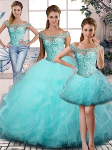 Aqua Blue Off The Shoulder Neckline Beading and Ruffles Quinceanera Dress Sleeveless Lace Up