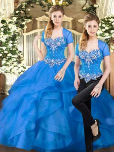 Fantastic Tulle Sweetheart Sleeveless Lace Up Beading and Ruffles Quince Ball Gowns in Blue