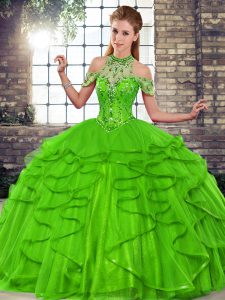 Edgy Sleeveless Floor Length Beading and Ruffles Lace Up Sweet 16 Dresses with Green