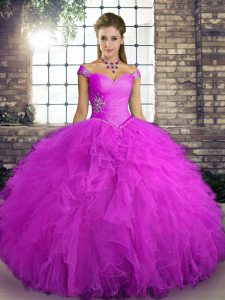 Attractive Fuchsia Ball Gowns Beading and Ruffles Vestidos de Quinceanera Lace Up Tulle Sleeveless Floor Length